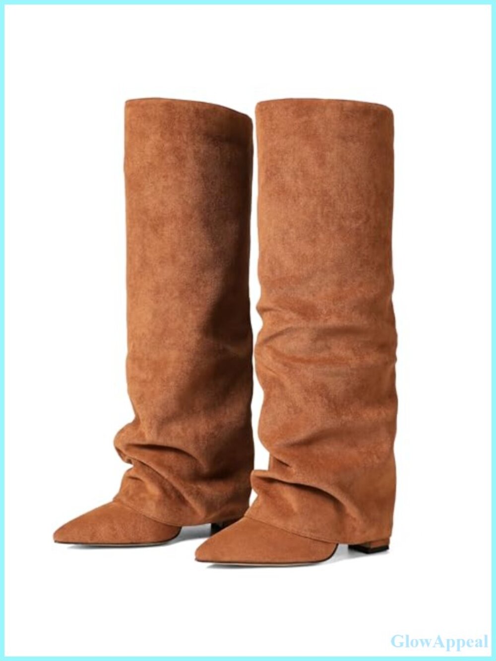 Fold Over Knee High Boots Wide Calf Chunky Block Heel Pointed Toe